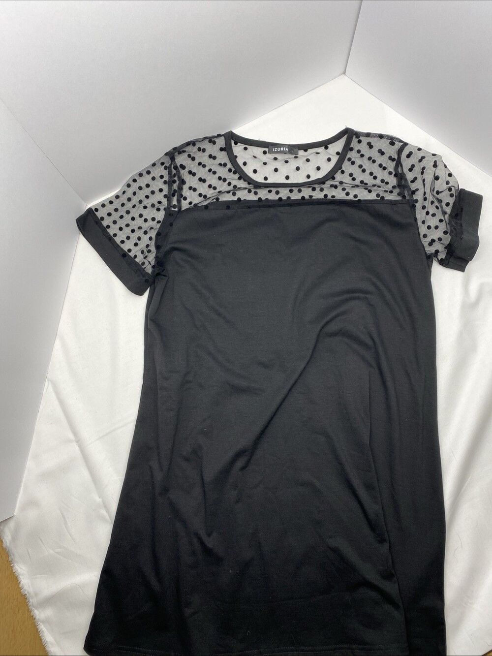Izuria Women’s Large Black Polka Dot Mesh Yoke Short Sleeve mini dress